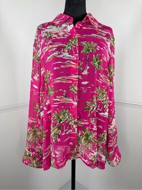 Norton & Co Woman Tropical Palm Print Sheer Button Front Blouse Pink Size 16W